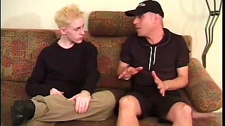 Blonde twink and guy in cap have a threesome with a sexy blonde slut