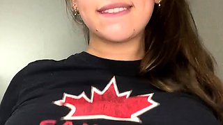 Busty curly brunette with big boobs fucks on couch