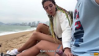 Katty West Helps Stranger Cum with Public Handjob & Blowjob on Beach - POV Close-Up!