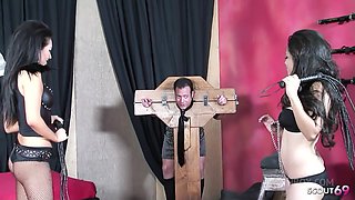 Two Sexy Half Asian MILF Girls at Femdom no condom FFM Threesome fuck in Dungeon with one Boy