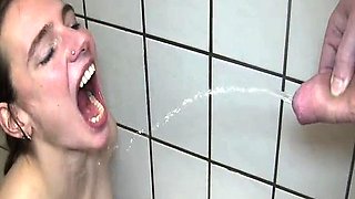 Fisting and pissing on teen toilet slave slut