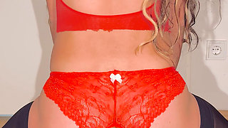 Enjoying dildo in my new sexy red lingerie.