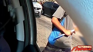 Roadside Blowjob: Brunette Exposes Boobs and Gives Head in Car