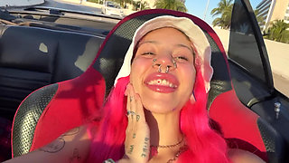 Town Slut Flashes Perky Boobs in Convertible on the Highway