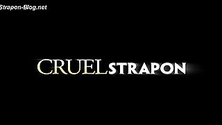 Cruel woman censored a man slave with huge strapon really