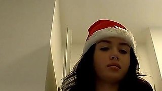 Hot Sexy Petite Girlfriend in a Mini Short Red Dress for New Year and Christmas Flashes Pussy and Naked Ass in the Bathroom