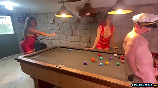 Playing pool with two hot babes at the bar