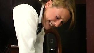 Blonde femdom spanks and dominates her lesbian submissive