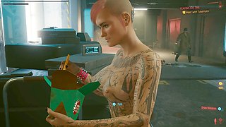 Naked cyberpunk characters in Night City featuring Panam's big boobs and curvy caboose