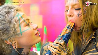 Split Tongue Lesbians Tattooed Toy Play ANAL and ATM