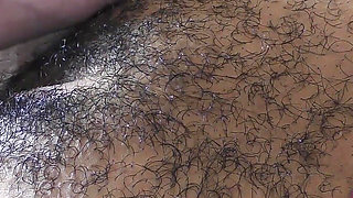 Ebony hairy twat filled up with BWC and hot cream