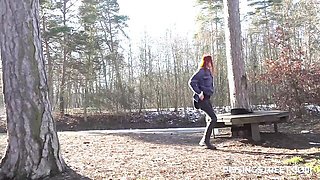 Gorgeous redhead model in black boots Katy Rose pee in the pak