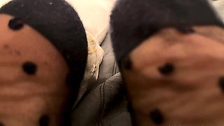 Busty brunette foot fetish and footjob in nylons