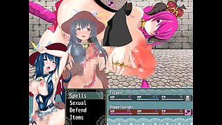 Anime girls with big boobs in a wild group scene featuring succubus and huge cocks