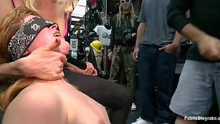Strangers enjoy playing with skinny redheads holes in public