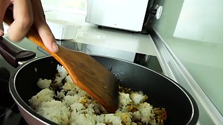 Fried rice and sex at home with cute Thai teen girlfriend