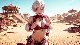 Desert Fantasy! Silver-haired Saintess's Private Dance in the Red-Gold Palace, light ribbons wrapping around her.