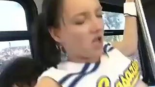 Asian guys fuck white cheerleader on bus