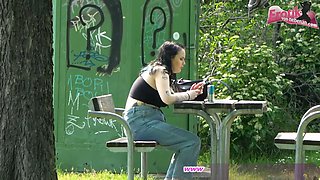 German plumper amateur sucks boy cock in the park after dinking around