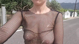 see-through blouse flashing tits in public