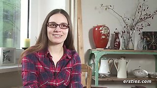 Hot German Amateur Lena Fucks Herself Hard with Vibrator in Doggy - Shaved Pussy & Glasses