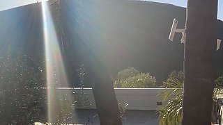 Blonde is flashing her big boobs in the outdoors