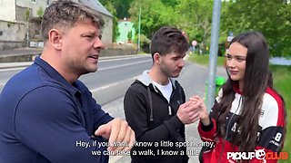 Sensual young brunette girlfriend teases lover outdoors with passionate cuckold thrill