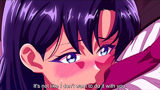 Busty hentai girl gets a cum facial from teacher after handjob