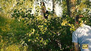 Alexis Fox seduces an old man with her busty body and gets caught jerking off in the greenery