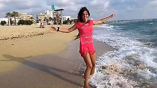 Flashing Hairy Pussy by Taking Off Panties at the Beach Suns