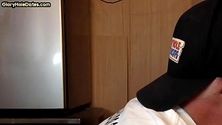 Gloryhole homemade DILF deepthroats cock in closeup