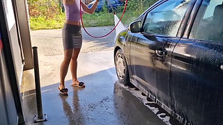 I Undress While Washing the Car at the Car Wash, Showing My Tits and Pussy in Public
