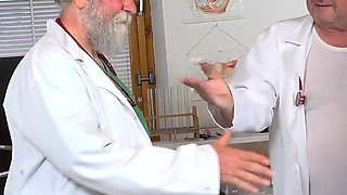 Seductive teen Little Eliss examined by two old perverts