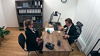 Blonde in stockings gets fucked by a loan-giving stud