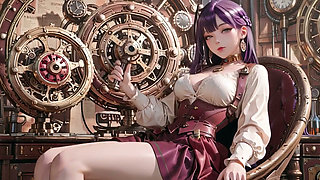 Purple Hairs in a Steam Fantasy! Surrounded by giant gears, she kneels lazily.