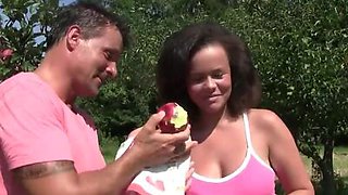 YOUNG BUSTY - Young brunette Linet gets big tits jizzed outdoors