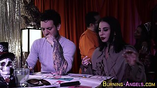 Goth slut gets plowed in threeway