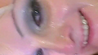 Blonde Slut Gets Her Face Drenched in Bukkake Cumshots