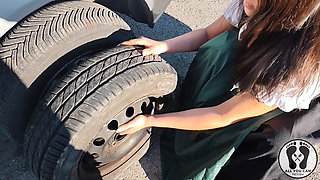 Dirndl Slut Gets Dirty and Oily Changing Tires