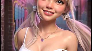 Blonde in public alley, masturbates on the floor with braces and white top