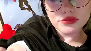 Busty curly brunette with big boobs fucks on couch