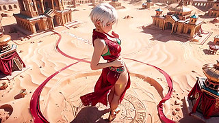 Desert Fantasy! Silver-haired Saintess's Private Dance in the Red-gold Palace, Light Ribbons Wrapping Around Her.