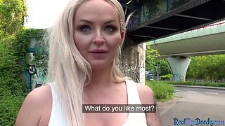 Busty blonde Euro babe gets paid to jerk off and ride POV cock