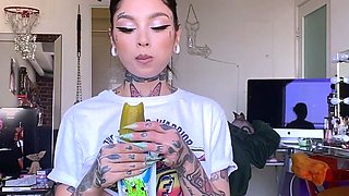 Busty curly brunette with big boobs fucks on couch