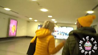 Public extreme: Fan recognizes blonde teen and reads her off, deep throat blowjob and rough sex