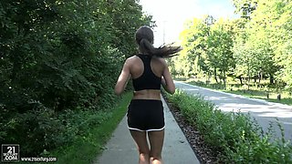 Jogging babe Tina Kay gives a blowjob and gets her ass hole rammed outdoor
