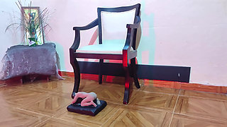 Giant Woman Keeps Her Lover Under Her Feet While She Sits Cross-legged