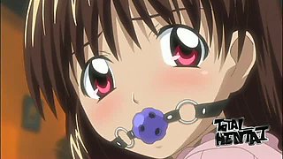 Gagged hentai beauty gets her pink cunt fucked with a huge strapon