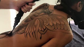 Hot big tit brunette gives hardcore blowjob at party