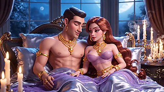 Erotic Fantasy Romance - Golden Jewelry Couple Deep Kissing & Bed Play